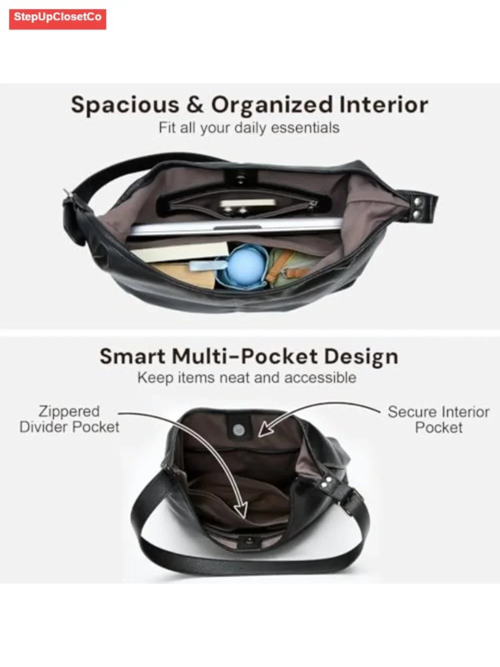 Vegan Leather Slouchy Hobo Bag with Pouch, Laptop Tote